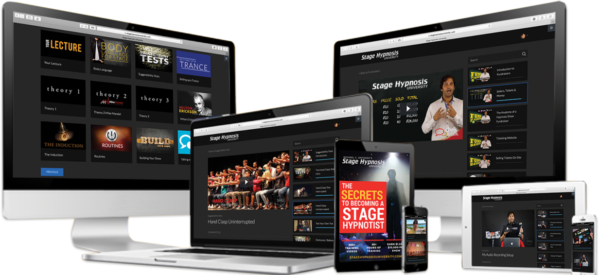 The Stage Hypnosis University training portal on desktop, laptop, tablet and phone