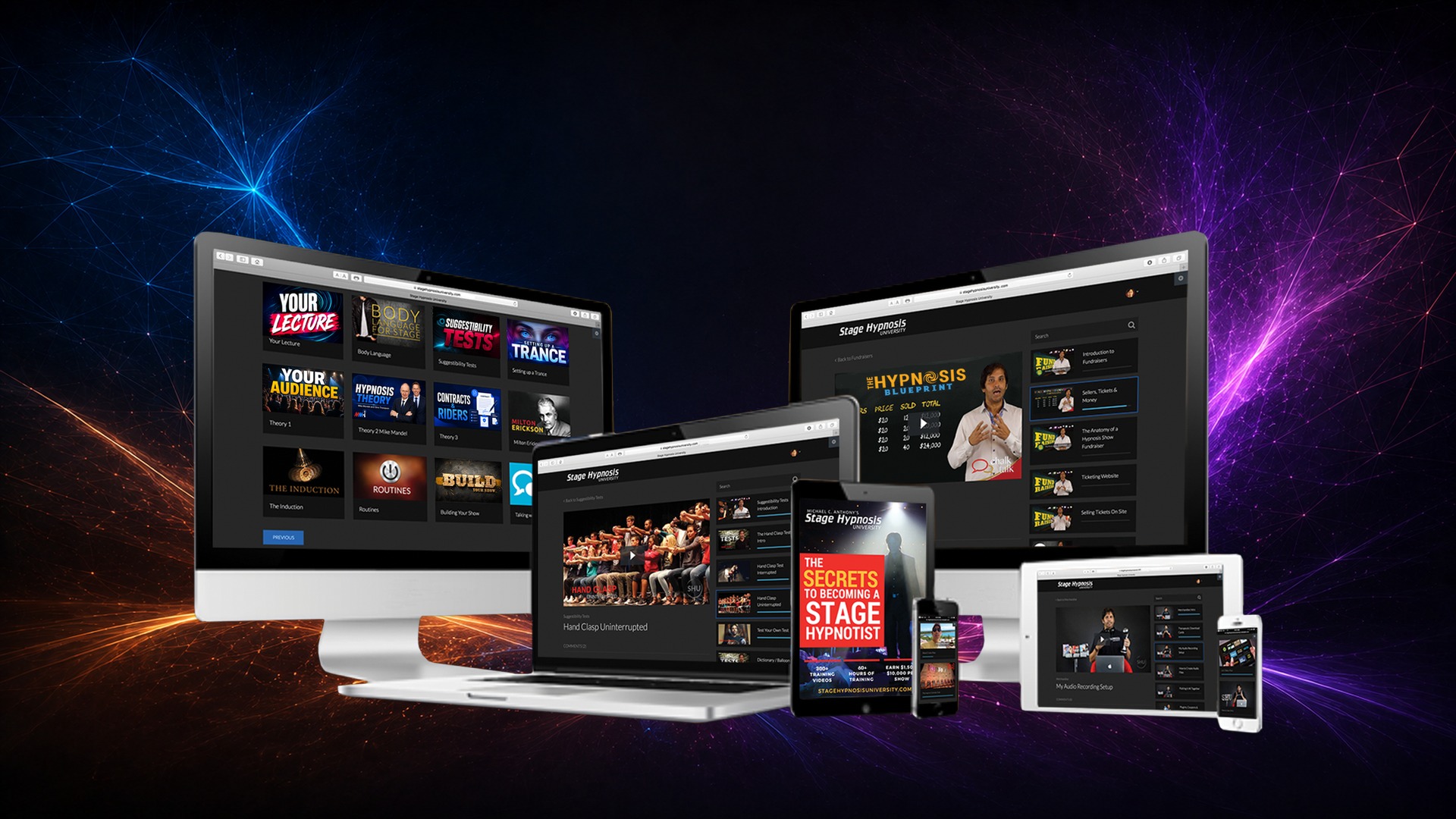 The Stage Hypnosis University training portal on desktop, laptop, tablet and phone